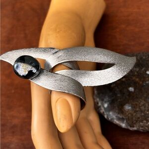 Textured Silver-Tone Ring with Black Stone Accent
